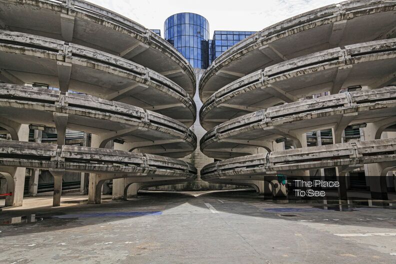Brutalist parking lot with retro-futuristic shapes