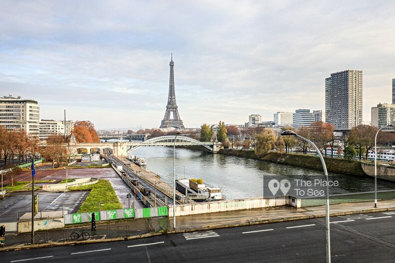 70's style apartment view on Beaugrenelle and the Eiffel Tower