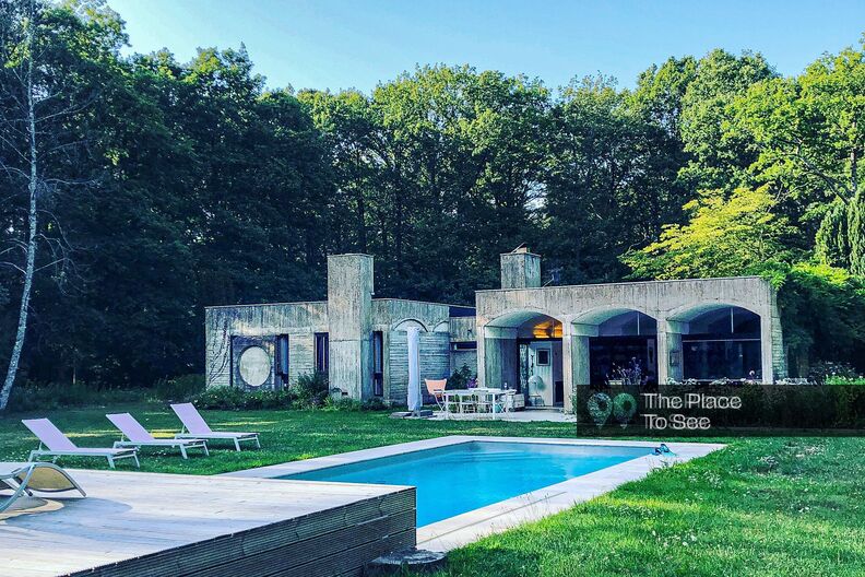 Brutalist house and 70's style furniture