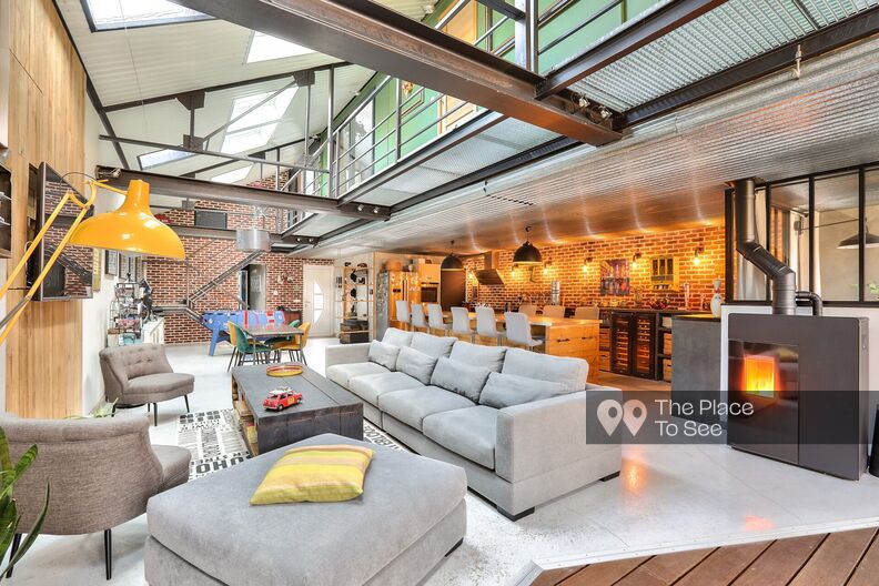 Industrial brick loft with indoor pool