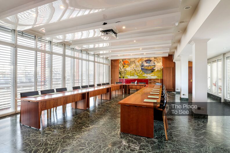 70's meeting room with terrace and balcony and Eiffel Tower view