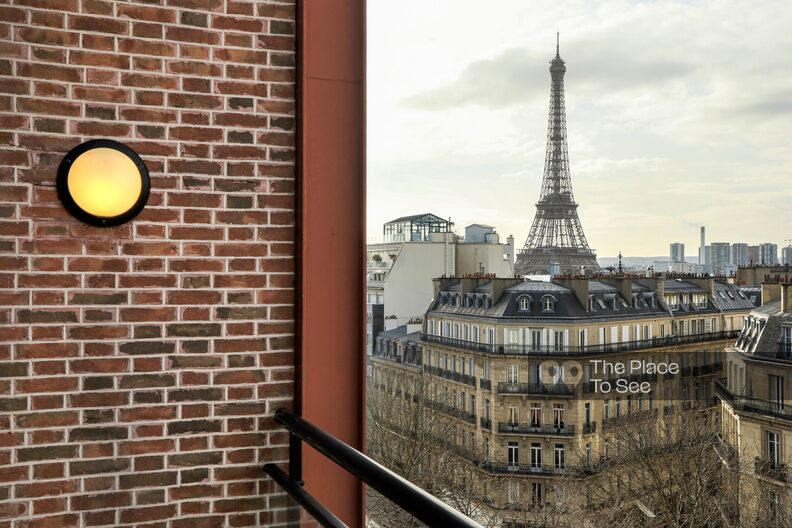 70's meeting room with terrace and balcony and Eiffel Tower view